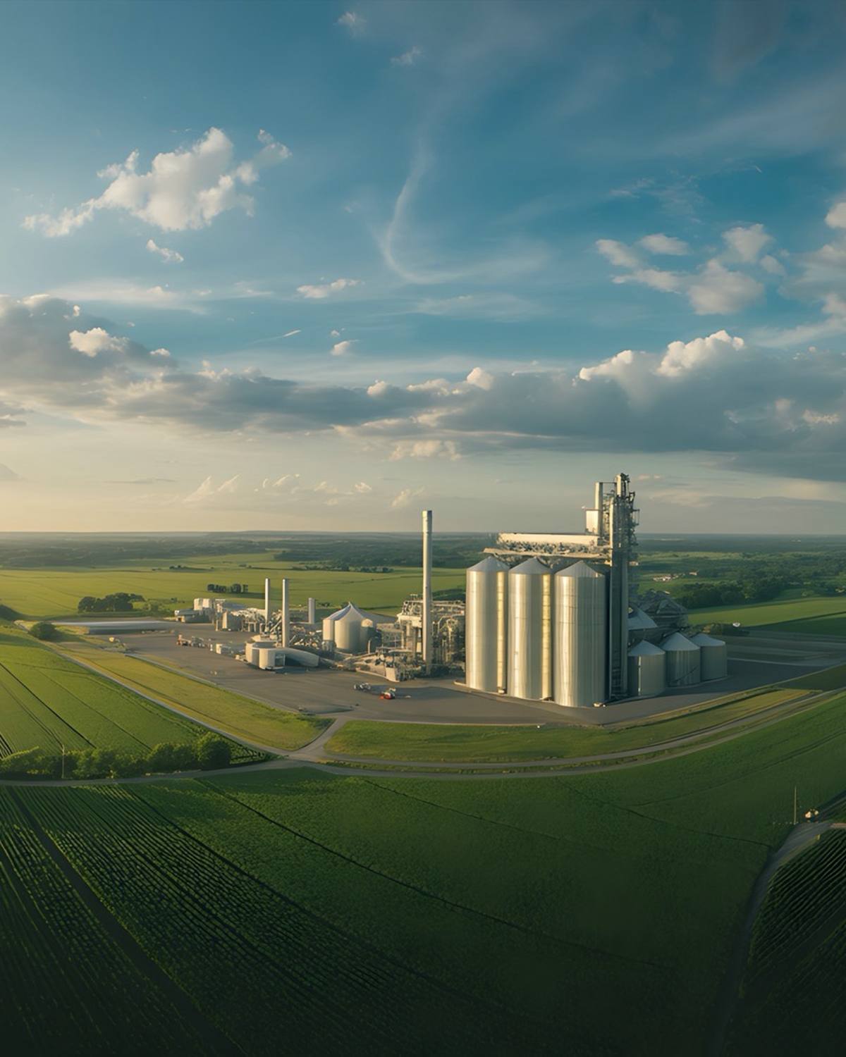 Aerial view of a grain elevator facility surrounded by green farmland